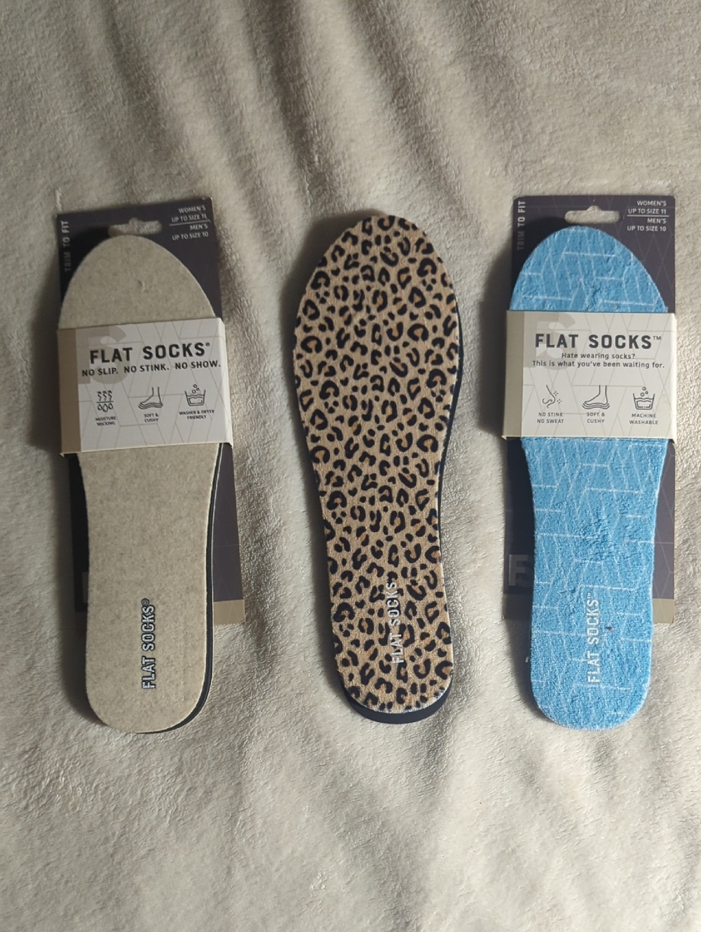 Flat Socks No-Show Insoles Trio — Beige, Leopard, Blue
